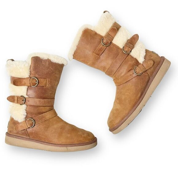 Ugg Women's Brown Suede Becket Mid Calf Pull On Winter Shearling Buckle Boots 7 - Picture 3 of 9